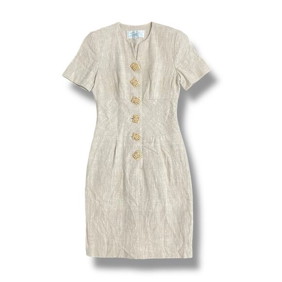 Santa Fe Beige Linen Sheath Dress Size 4 USA Made Button Front Vintage -  www.threedaughtersproperties.com